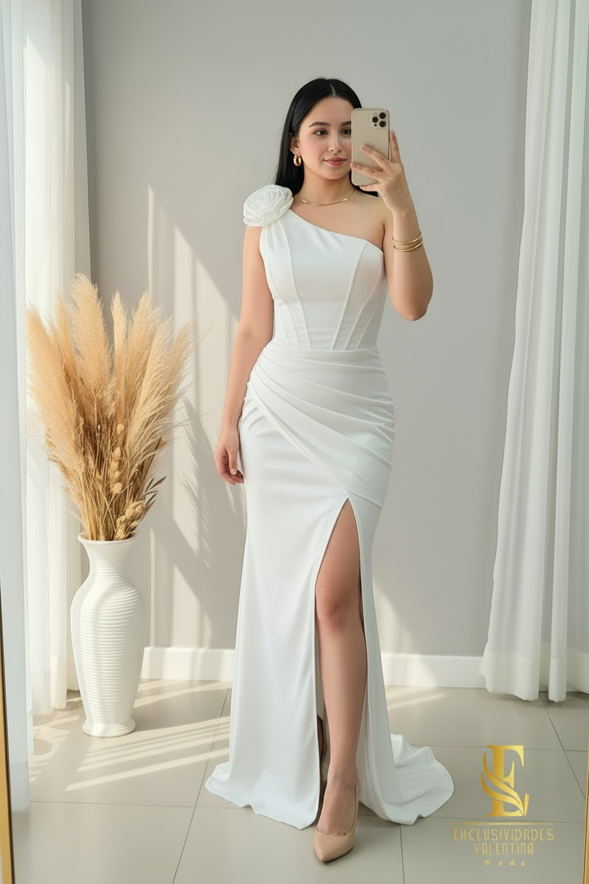 Vestido Blanc One Shoulder Rose Sirena cod.V225