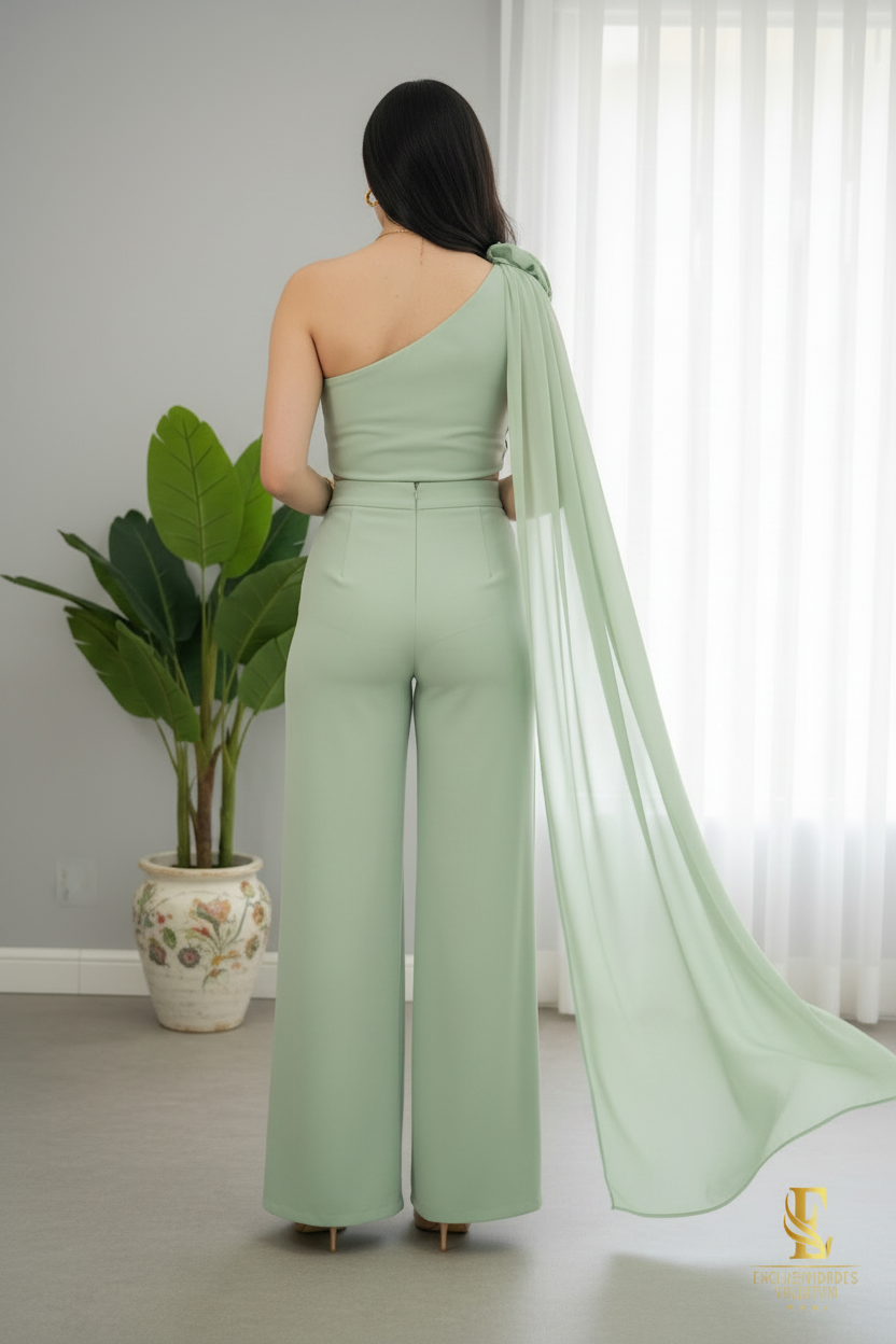 Conjunto Verde Menta — Top Un Hombro Rosa 3D con Capa & Palazzo cod. 0046