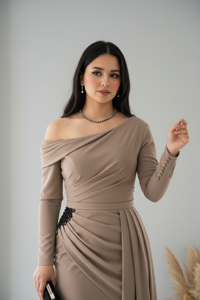 Vestido Taupe Hombro Caído Drapeado V311