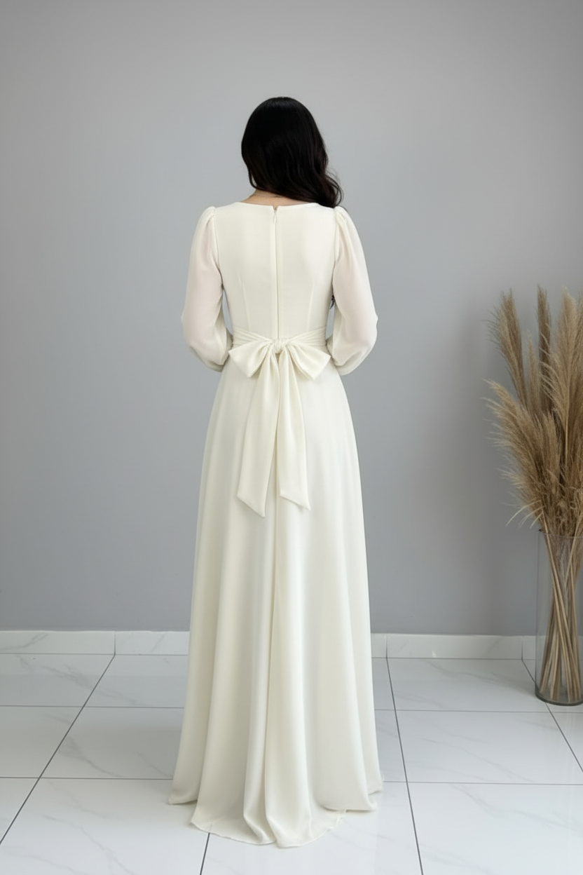 Vestido Blanco Marfil Manga Larga Gasa Escote V A-Line cod.820
