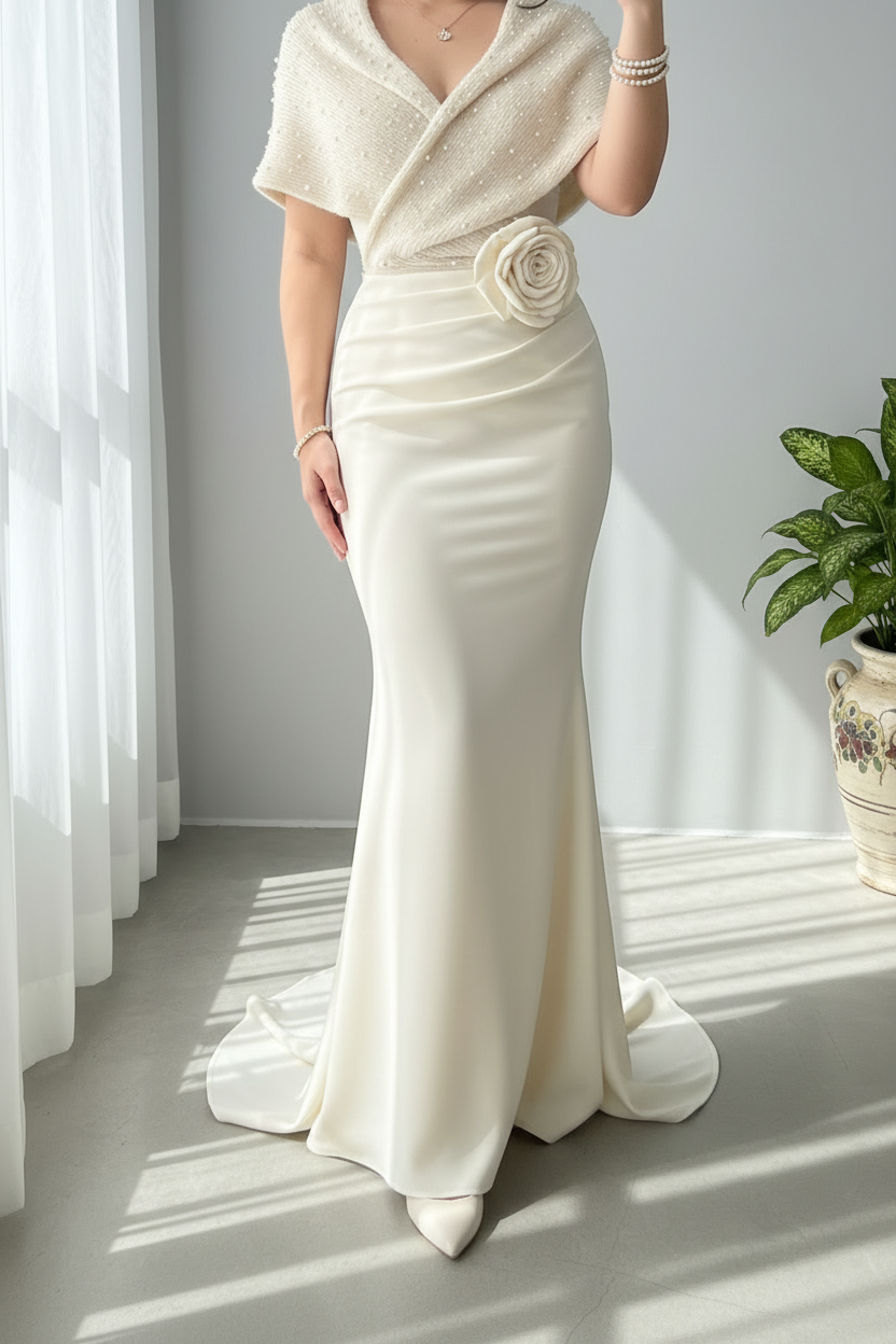 Vestido Sirena Marfil con Chalina de Perlas Exclusivo cod.799