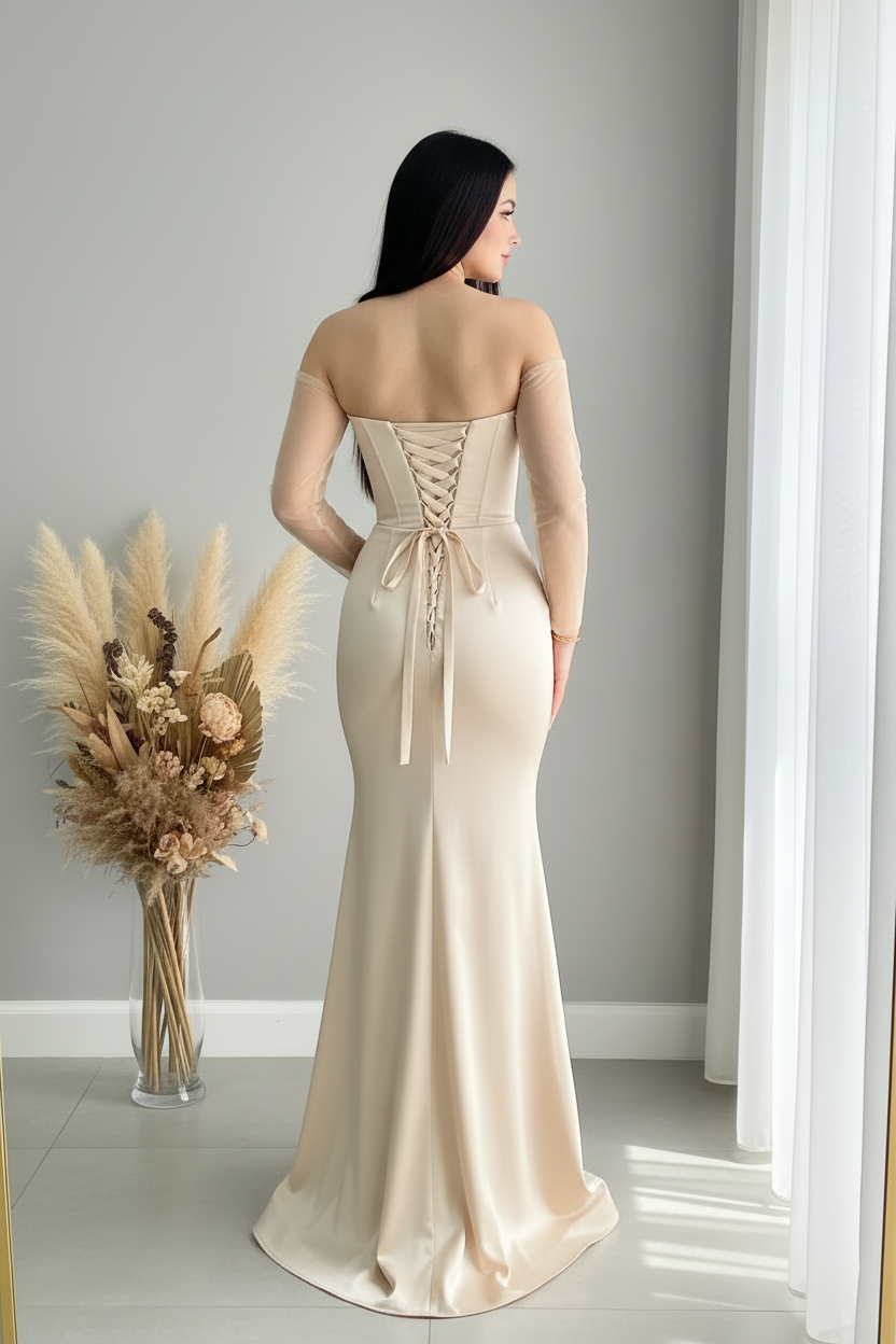 Vestido Champagne Manga Tul Asimétrica Rosa D cod.V423