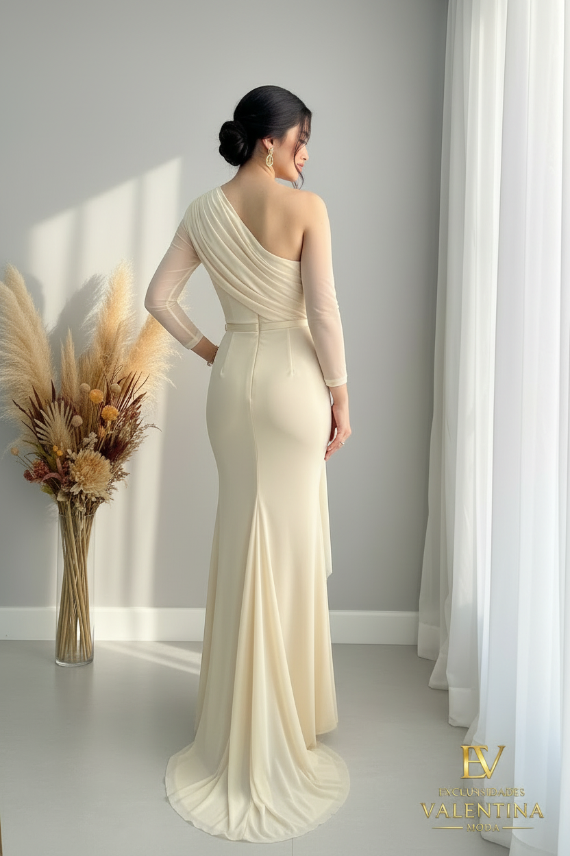 Vestido Sirena Ivory Un Hombro Manga Tul Drapeado cod.V402