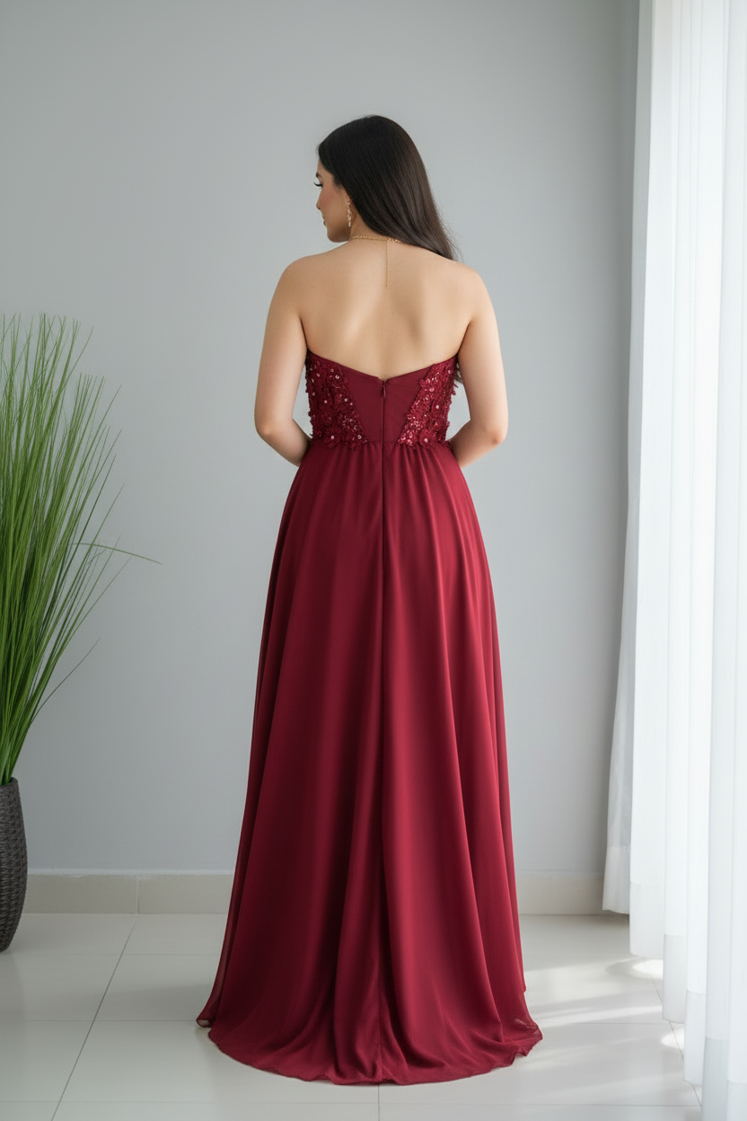 Vestido Vino Borgoña Bordado Floral  y Abertura cod.V644