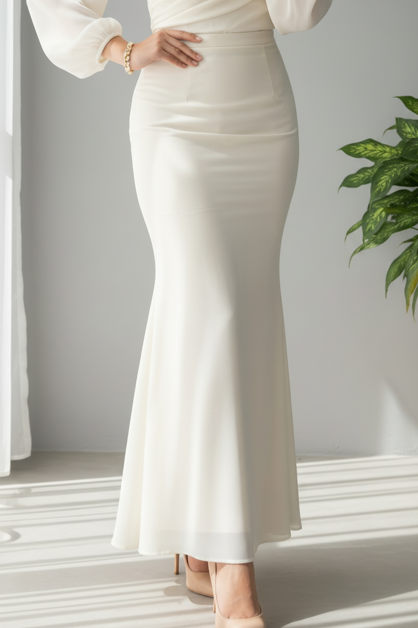 Conjunto Dos Piezas Blanco Marfil Top Wrap Escote V Manga Bishop Falda Sirena cod.841