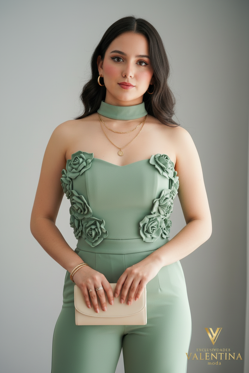 Enterizo Verde Sage Strapless con Rosas 3D y Pantalón Recto cod.E535