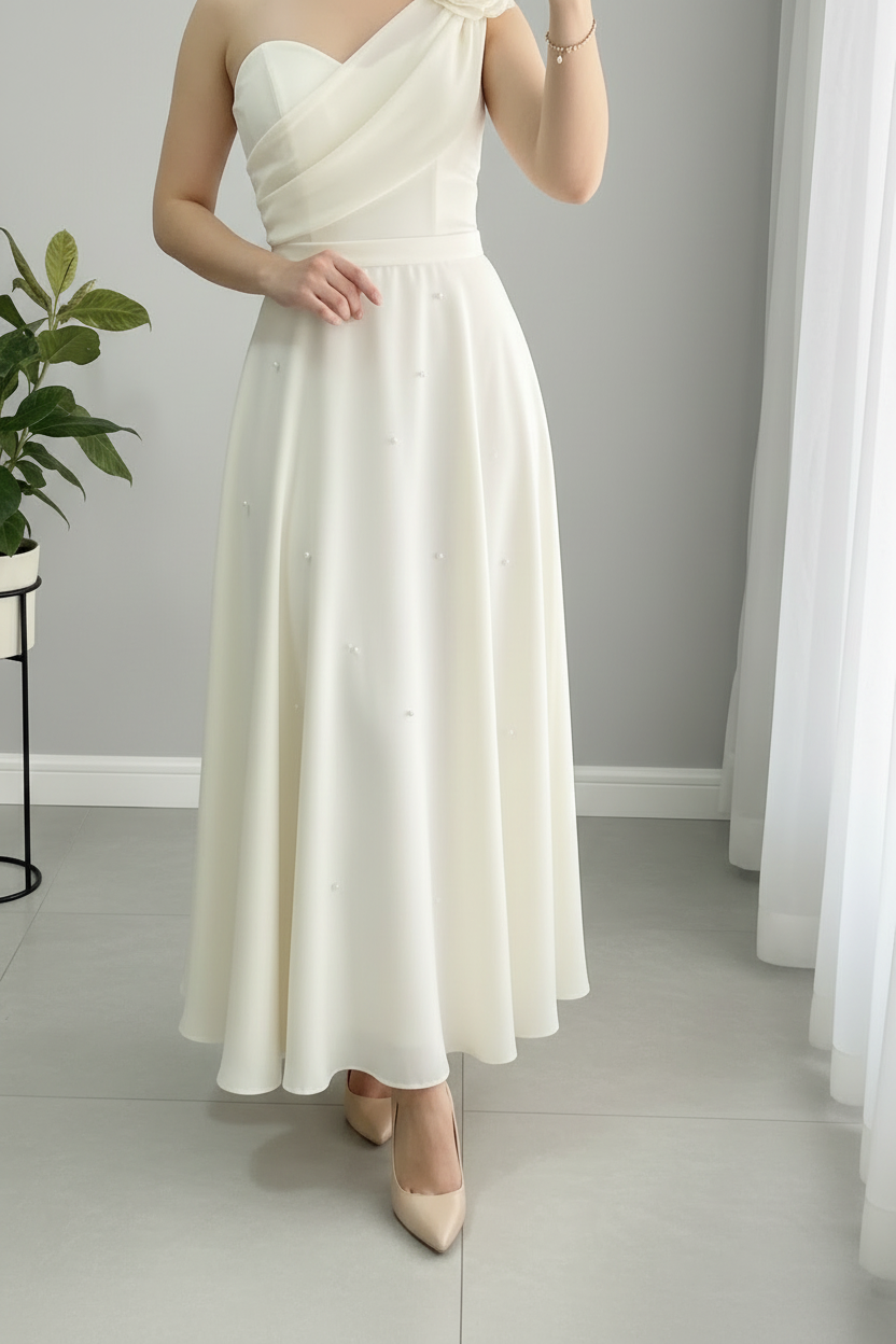 Vestido Blanco Marfil Un Hombro Drapeado Flor 3D Falda A-line Satin Perlas Tea Length cod.847