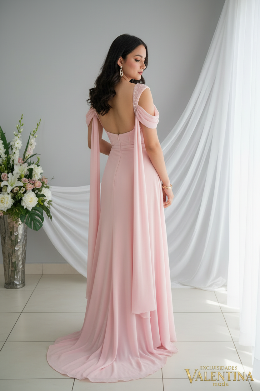 Vestido Rosa Palo Chiffon Off-Shoulder con Abertura Frontal cod.V509