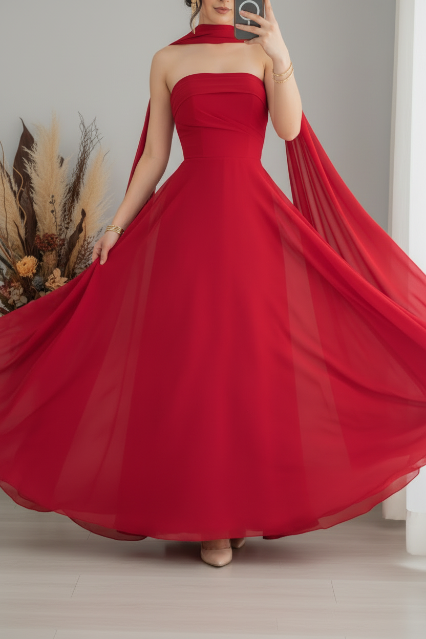 Vestido Rojo Strapless con Capa y Corsét cod.V364