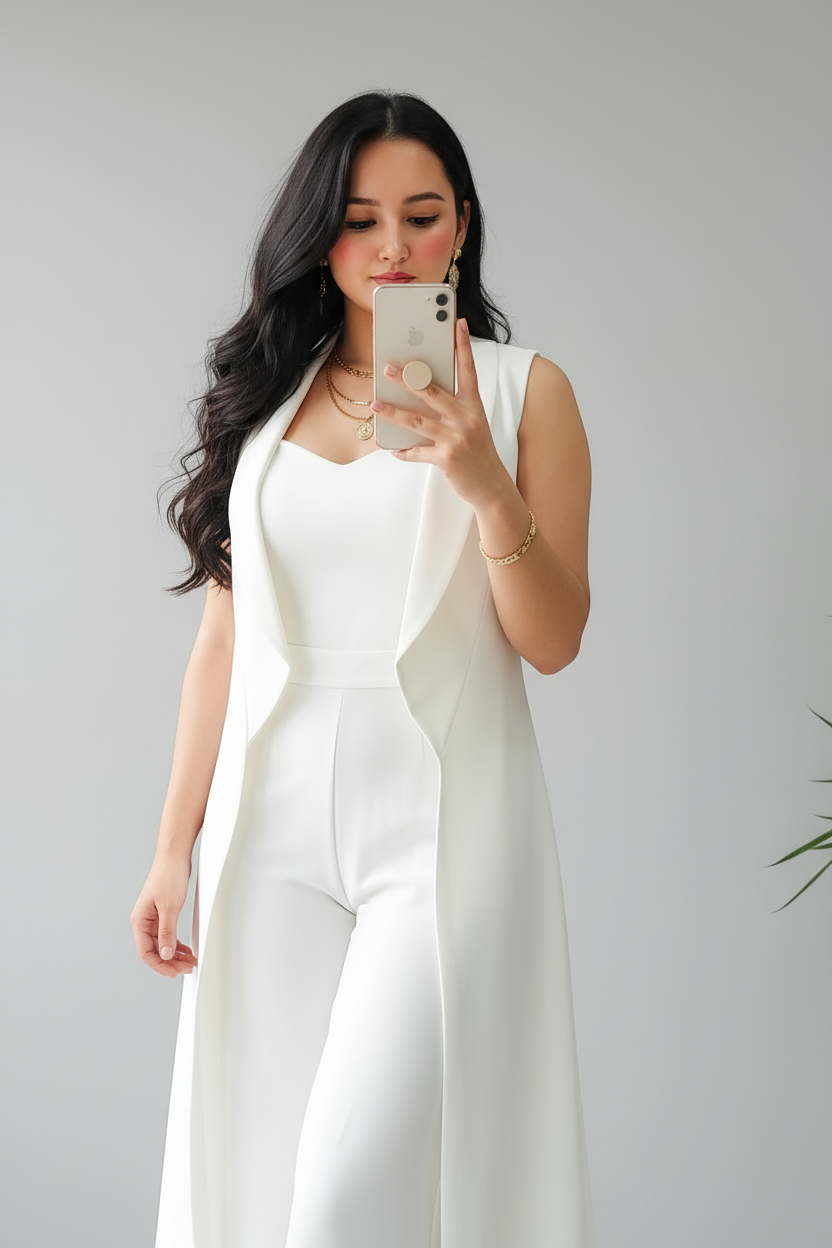 Conjunto White Duster – Top Sweetheart + Chaleco Largo + Pantalón cod.671