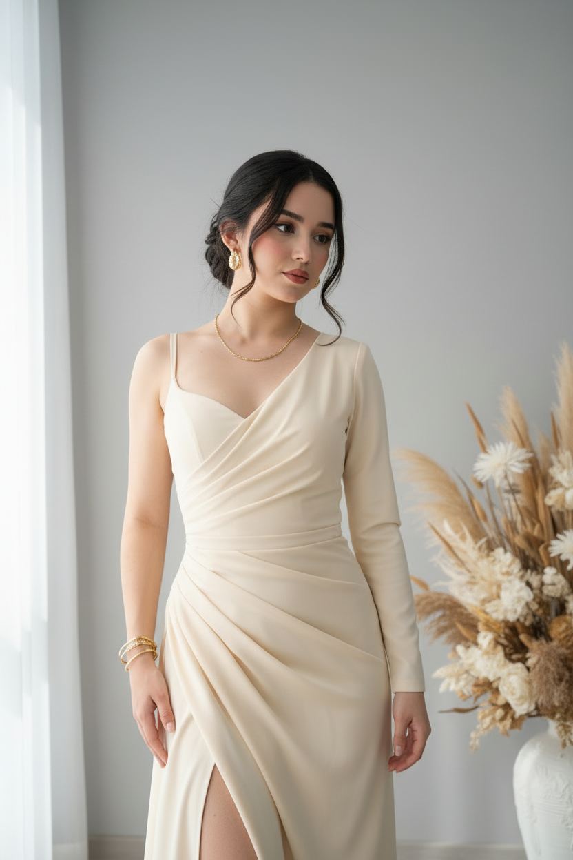 Vestido Champagne Asimétrico Manga Larga con Abertura Frontal cod.V380