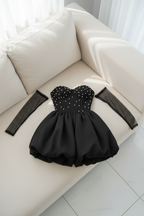 Vestido Negro Strapless Perlas Mangas Tul falda bombacha cod.V317