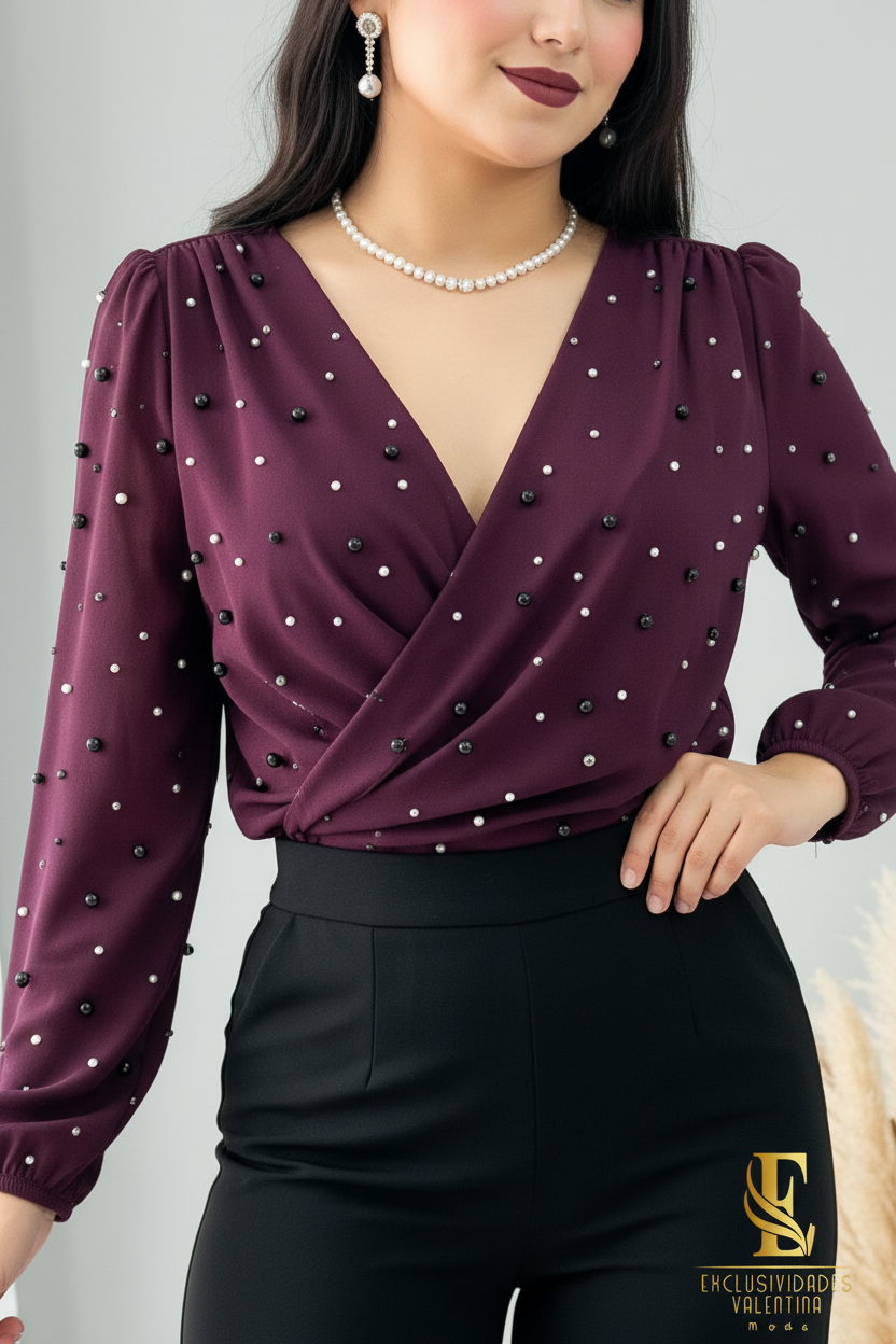 Conjunto Vino Borgoña Blusa Cruzada Perlas + Palazzo Negro cod.C303