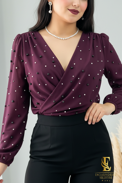 Conjunto Vino Borgoña Blusa Cruzada Perlas + Palazzo Negro cod.C303