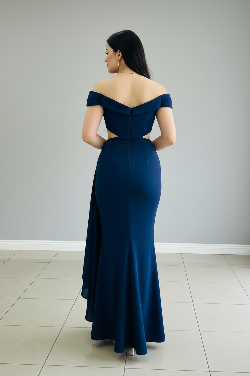 Vestido Formal Azul Marino Off-Shoulder con Cutouts y Drapeado Asimétrico cod.525
