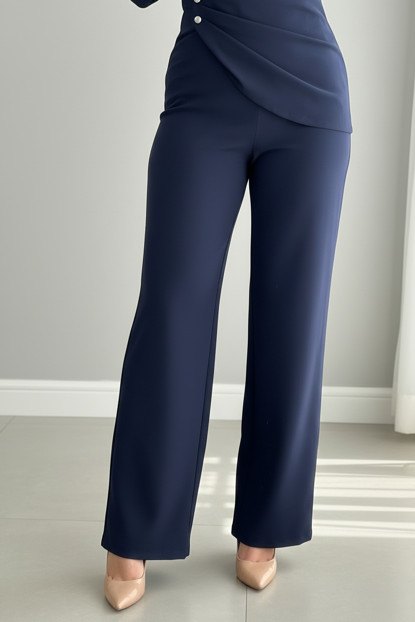 Enterizo Azul Marino Manga Larga Escote V Drapeado Botones Perla Pantalón Palazzo cod.E595