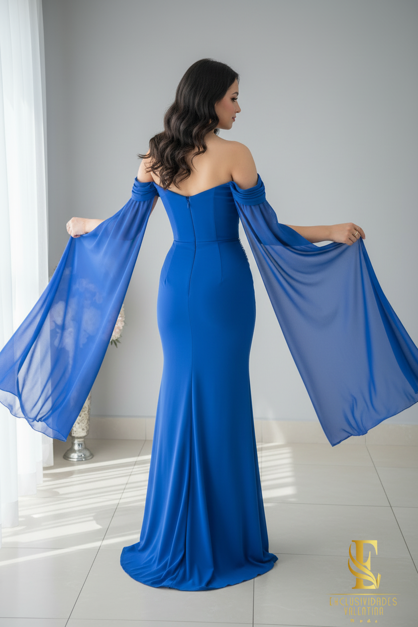 Vestido Sirena Azul Royal | Off-Shoulder Drapeado con Pedrería y Mangas Capa cod.V513