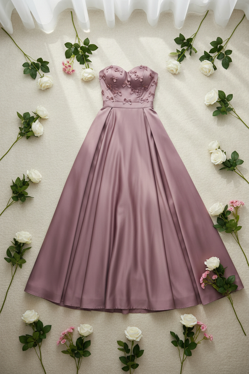 Vestido mauve strapless lazos 3D ball gown espalda corsé C.1940