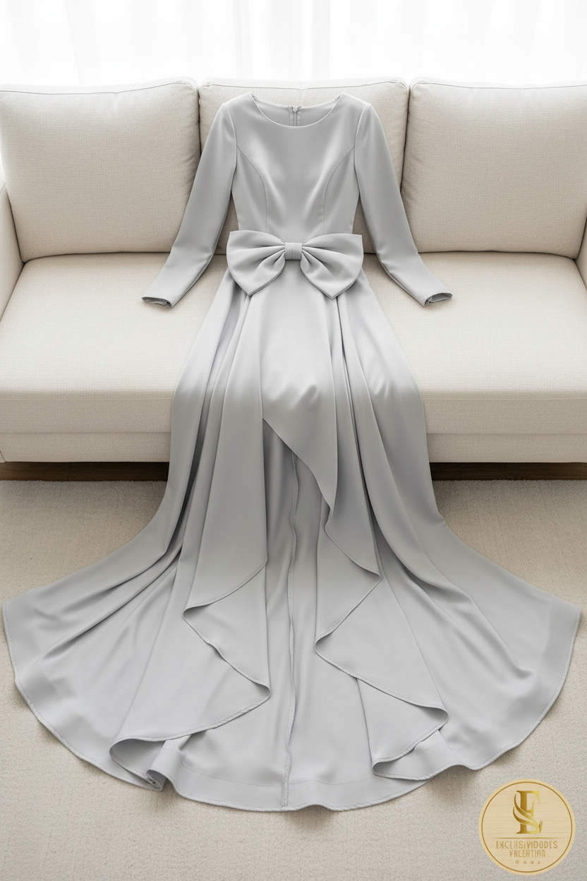 Vestido Gris Perla Mangas Largas con Moño y Falda Asimétrica cod.722