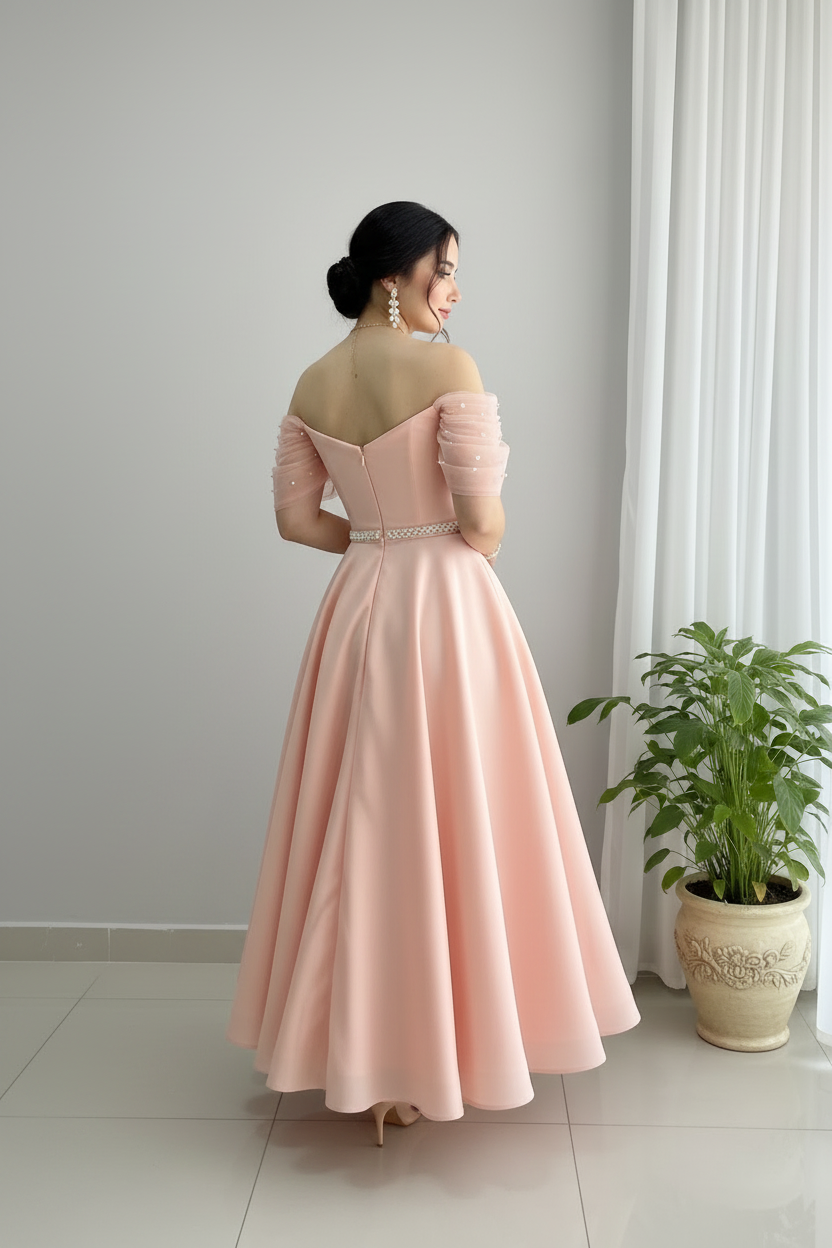 Vestido Rosa Blush Peach Off-Shoulder Manga Tul Perlas Cinturon Falda A-line Tea Length cod.839