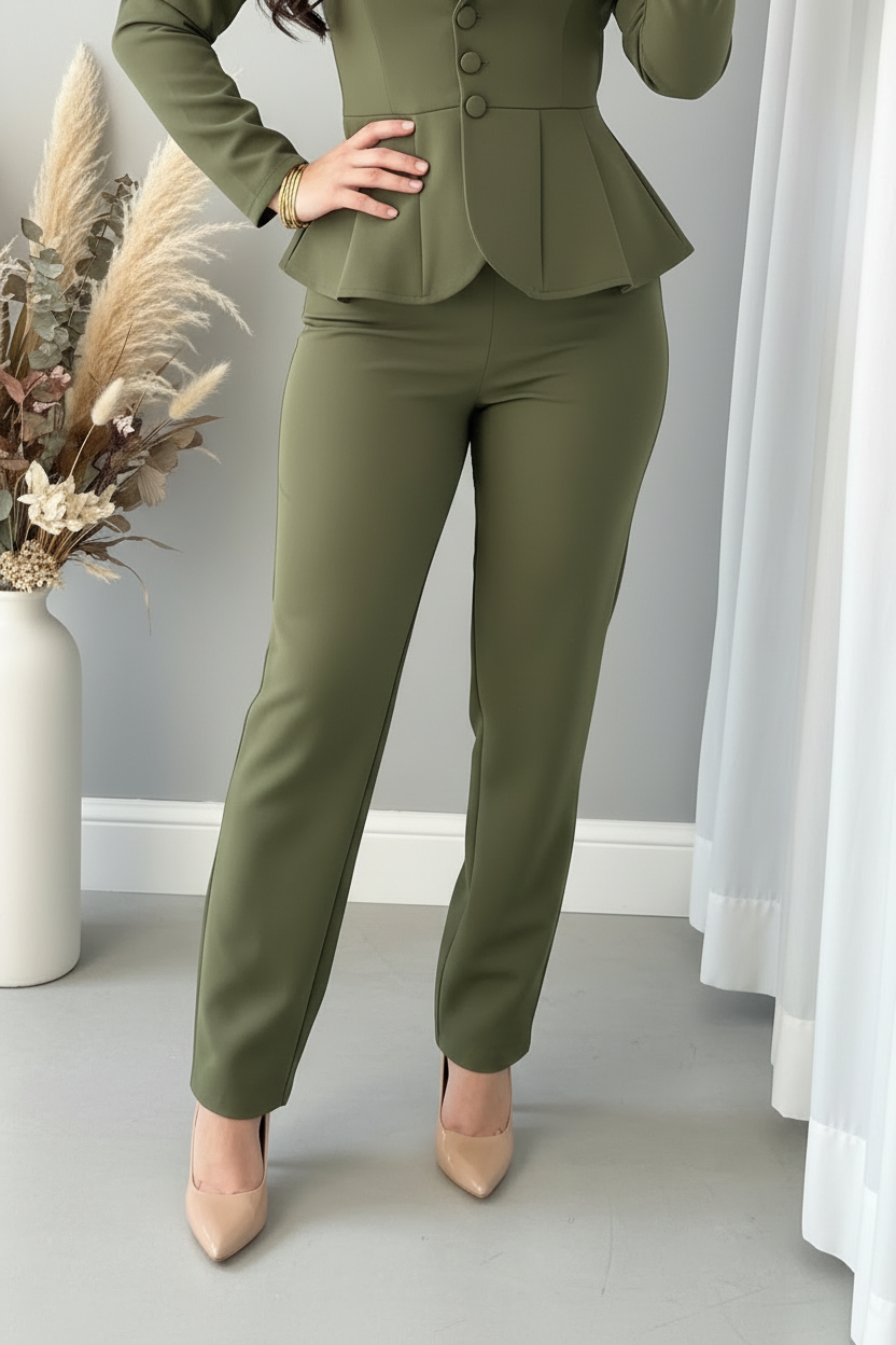 Traje Verde Olivo Blazer Peplum y Pantalón Recto cod.C371