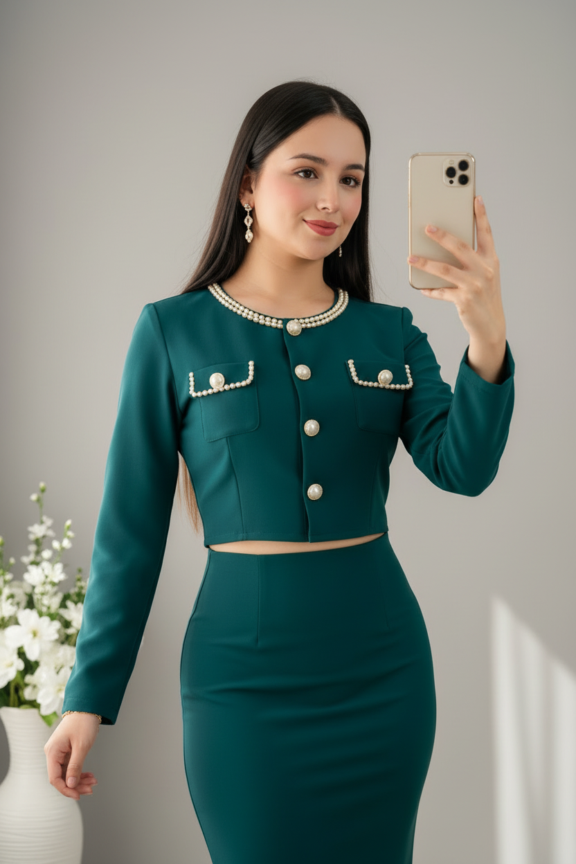 Conjunto Dos Piezas Verde Esmeralda Estilo Chanel con Perlas cod.C935