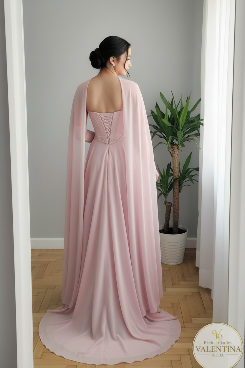 Vestido Gala Rosa Palo con Capa cod.00122