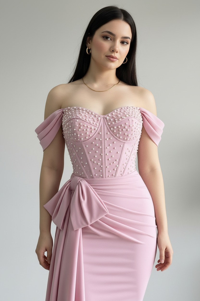 Vestido Formal Rosa Off-Shoulder Corset con Perlas y Lazos cod.505
