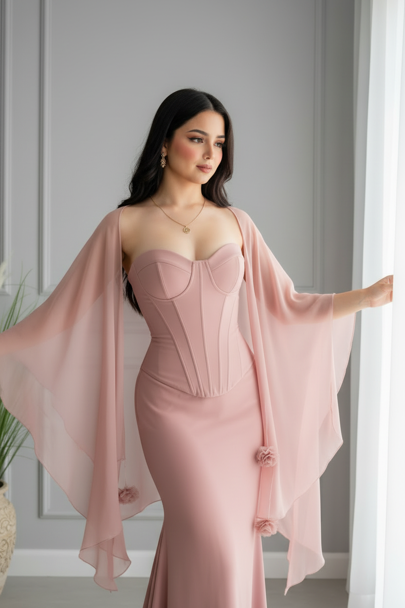 Vestido Rosa Palo Corsé con Chalina Gasa cod.0016