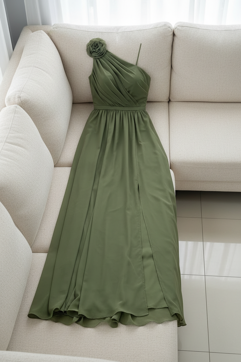 Vestido Verde Olivo Un Hombro con Flor cod.V358