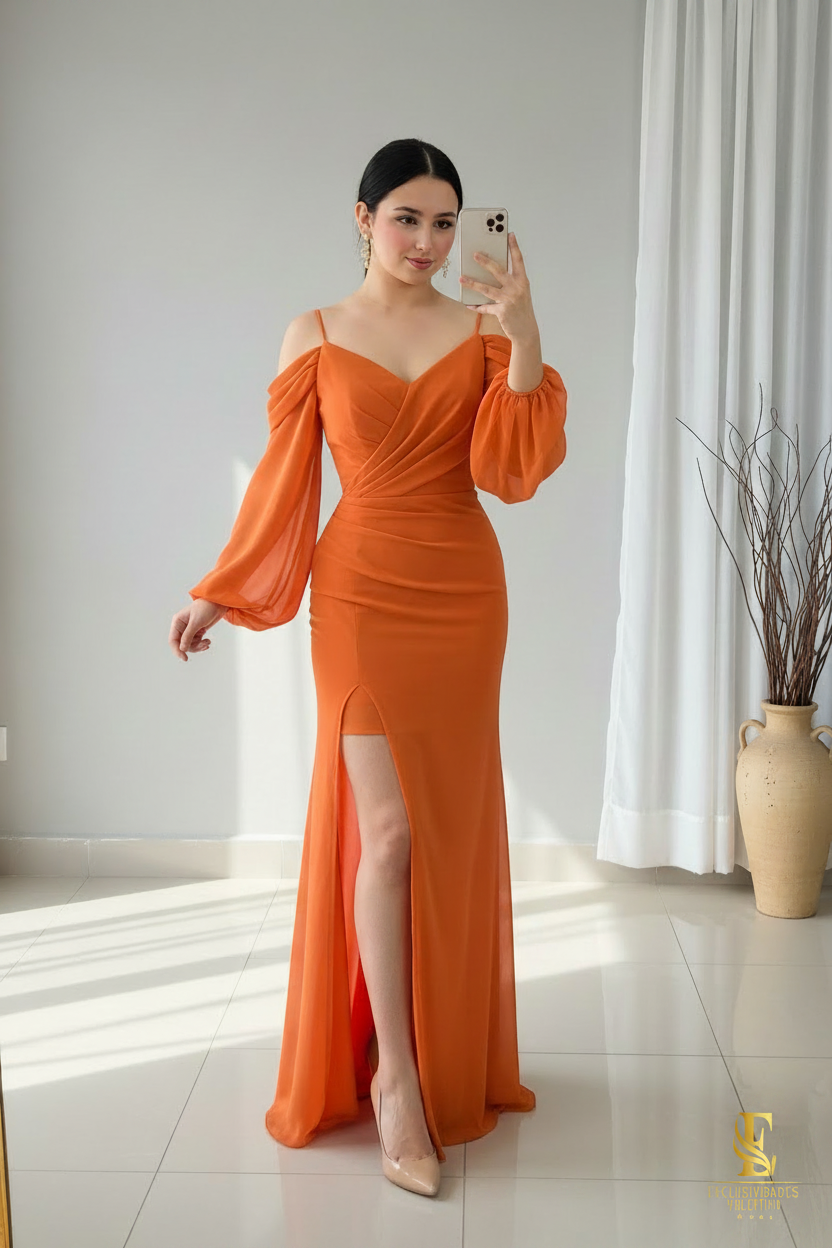 Vestido Naranja Sirena Off Shoulder Mangas Globo Abertura V337