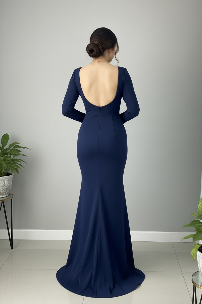 Vestido Sirena Azul Marino — Escote V Cruzado, Manga Larga & Abertura Frontal cod.889