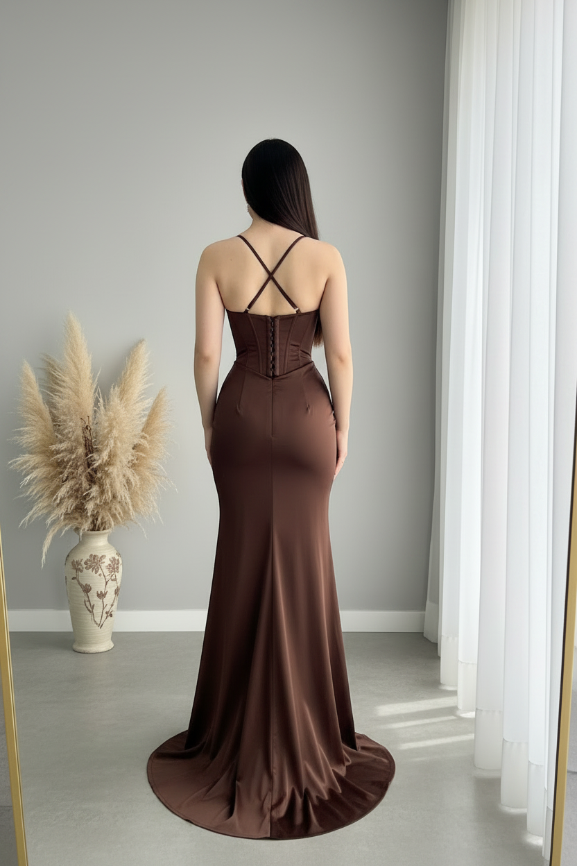 Vestido Chocolate Tirantes Finos Corset Sirena cod.V426