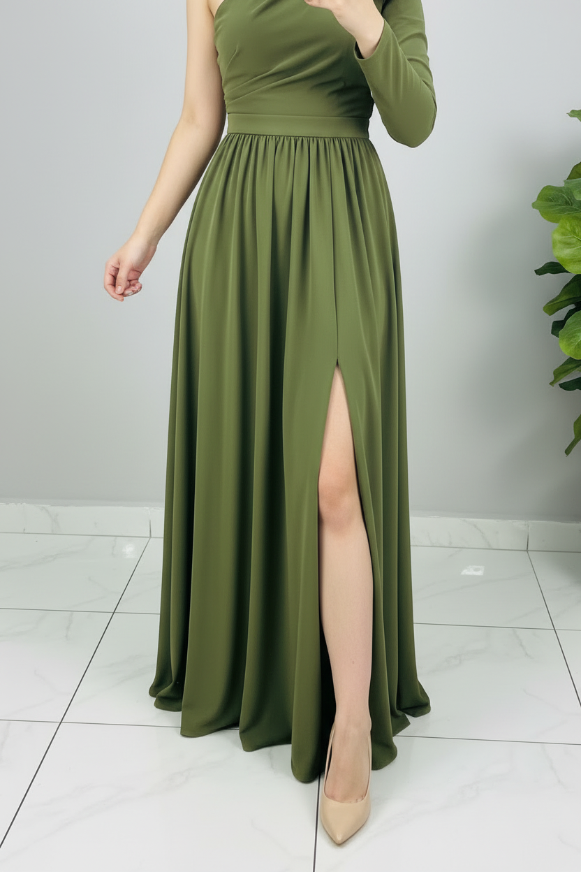 Vestido Verde Olivo Un Hombro cod.599