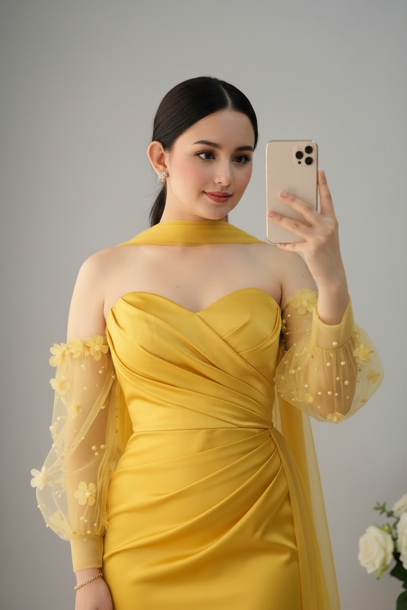 Vestido Largo Amarillo Dorado Sirena Cuello Halter Manga Tul con Perlas y Capa Lateral cod.V968