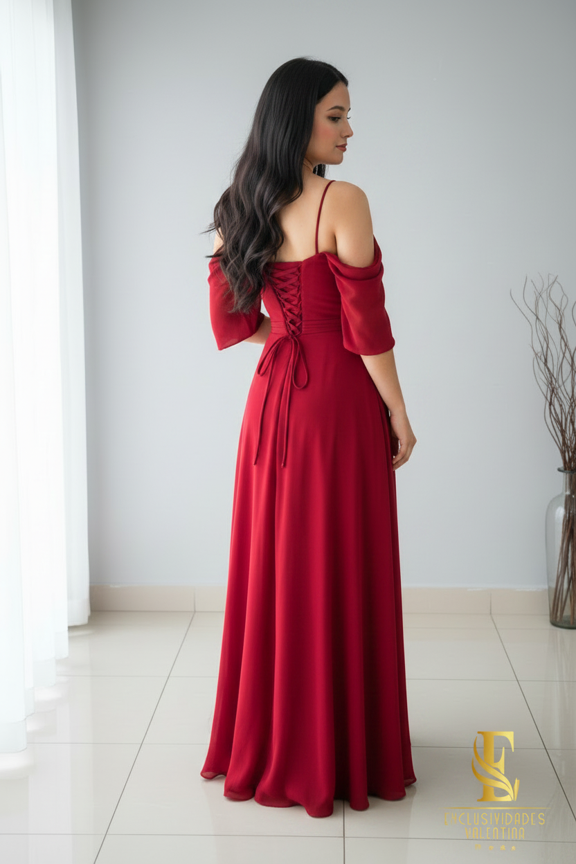 Vestido Rojo Vino Off-Shoulder V340