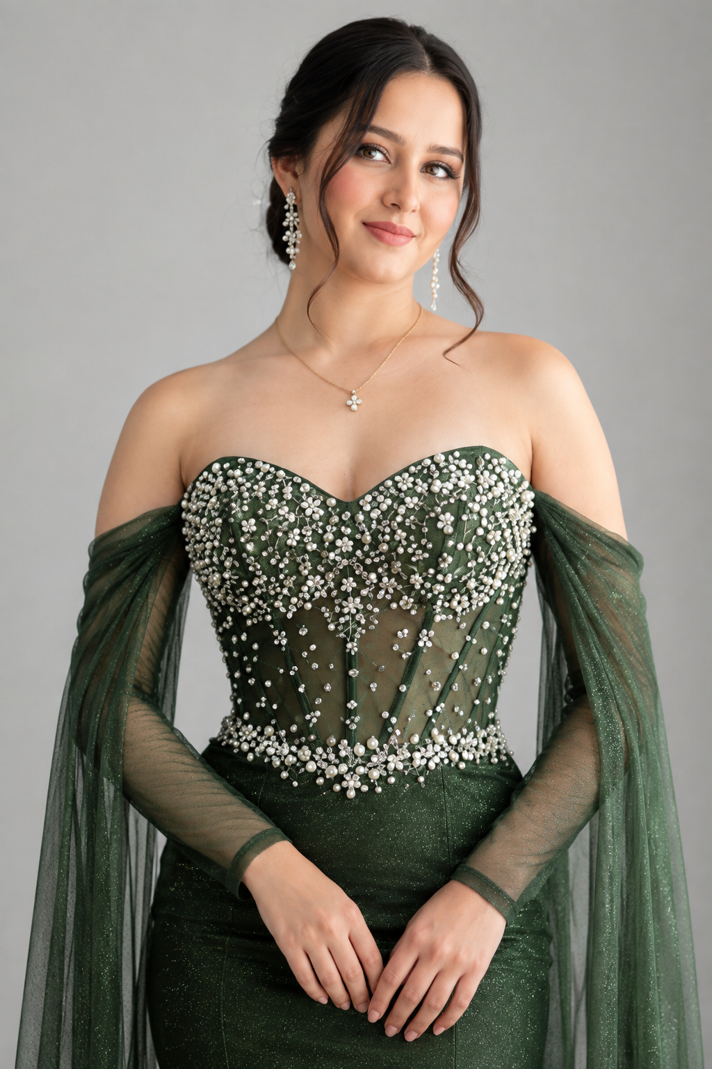 Vestido Gala Verde Olivo Strapless Corset Cristales Mangas Tul Capa cod.V0040
