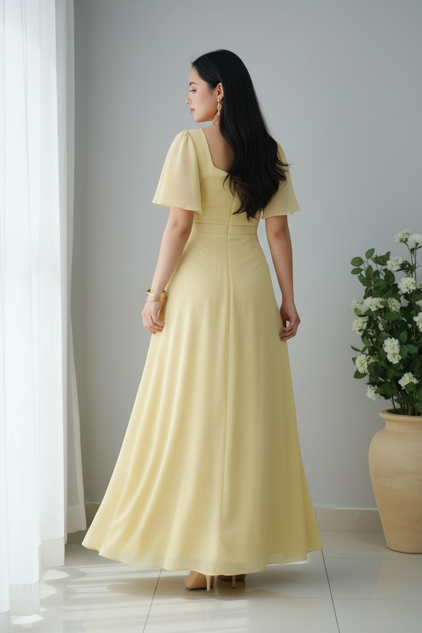 Vestido Amarillo Suave Maxi Gasa Manga Butterfly cod.958
