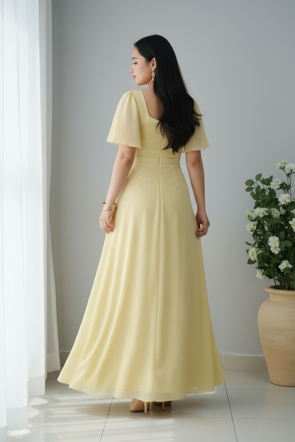 Vestido Amarillo Suave Maxi Gasa Manga Butterfly cod.958