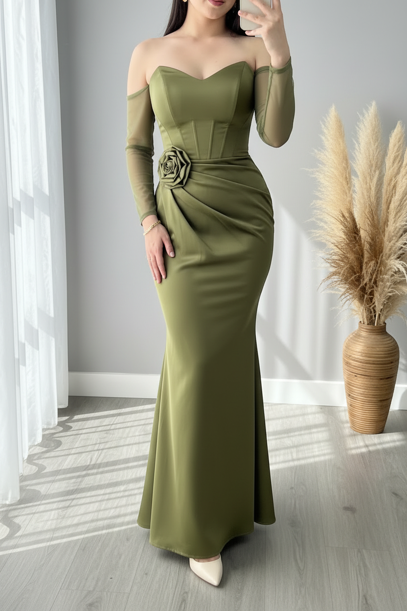 Vestido Verde Olivo Off-Shoulder Manga Tul Rosa D cod.V430