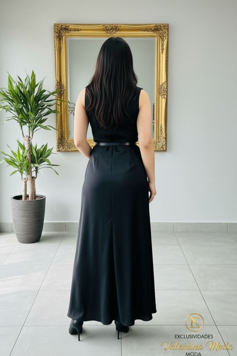 Conjunto Chaleco y Falda Maxi Negro Satinado cod.C400