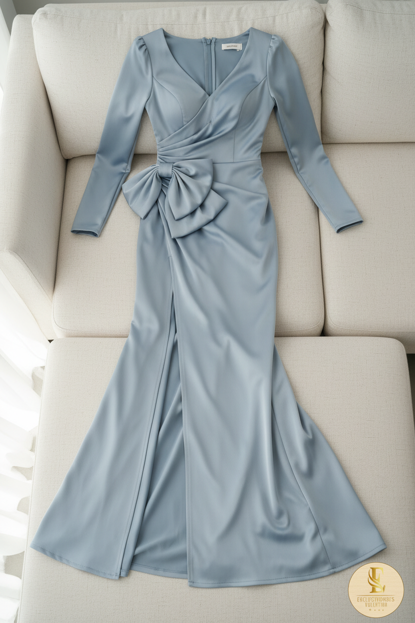 Vestido Azul Acero Mangas Largas con Moño Lateral y Abertura cod.720