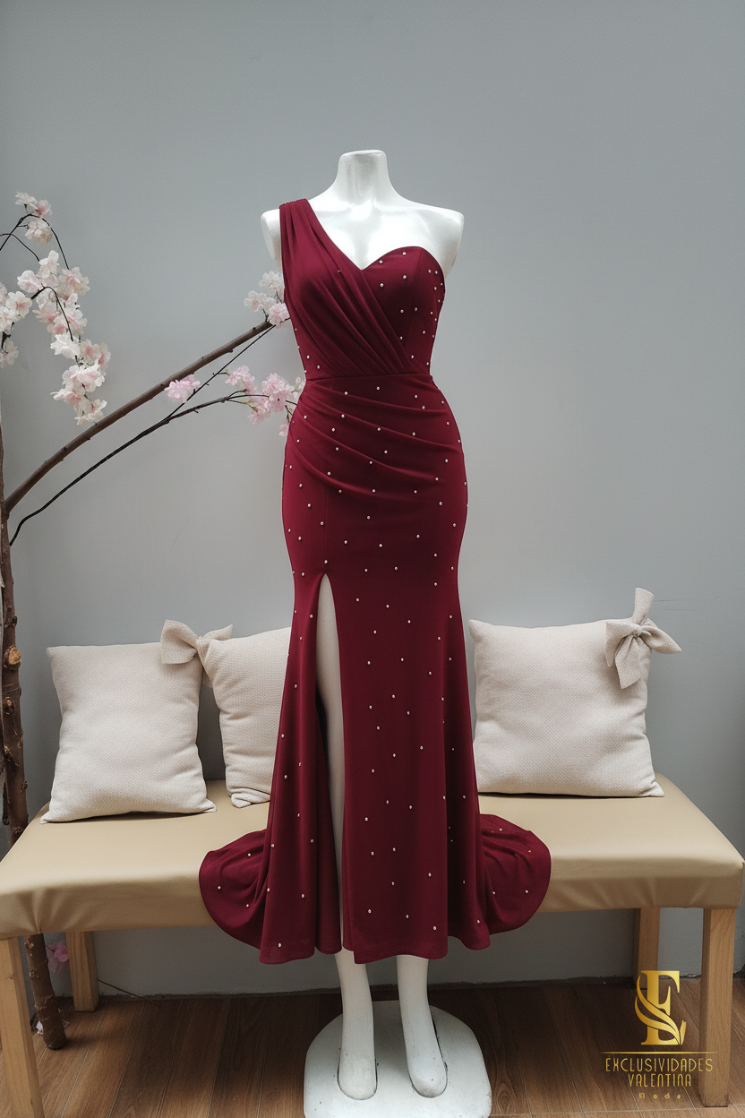 Vestido Vino Sirena Un Hombro Perlas Abertura V331