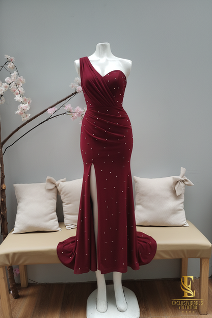 Vestido Vino Sirena Un Hombro Perlas Abertura V331