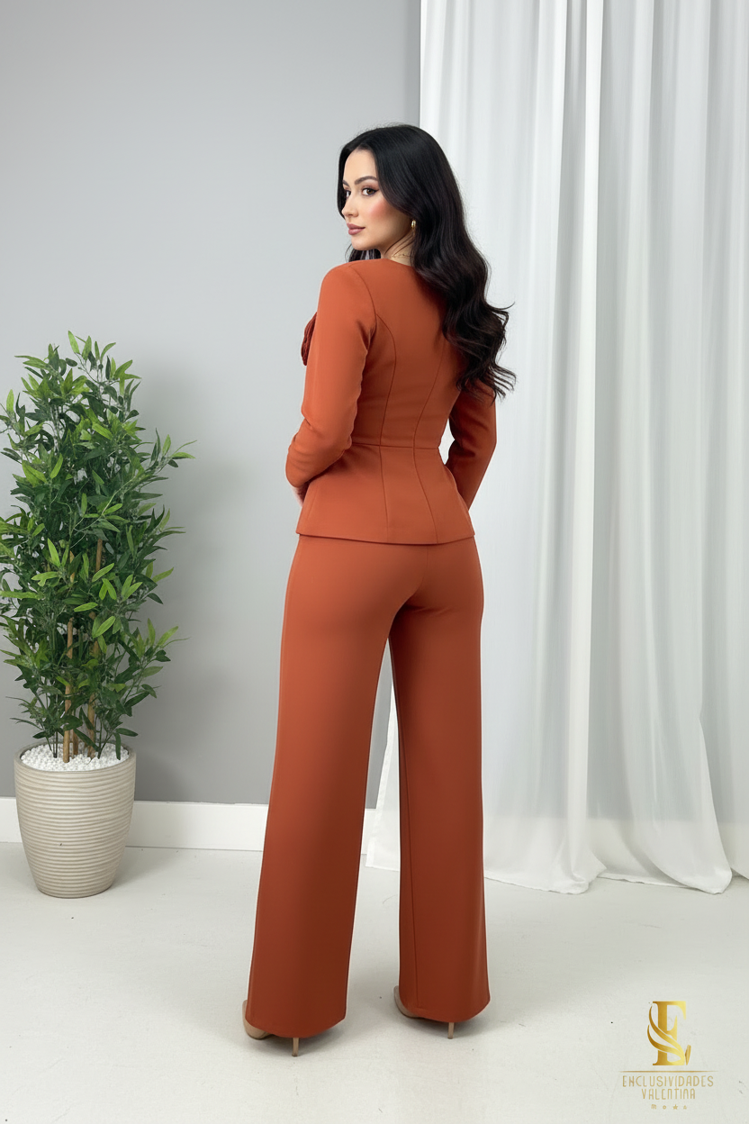 Conjunto Terracota — Blazer Peplum Rosa 3D & Palazzo cod.0035