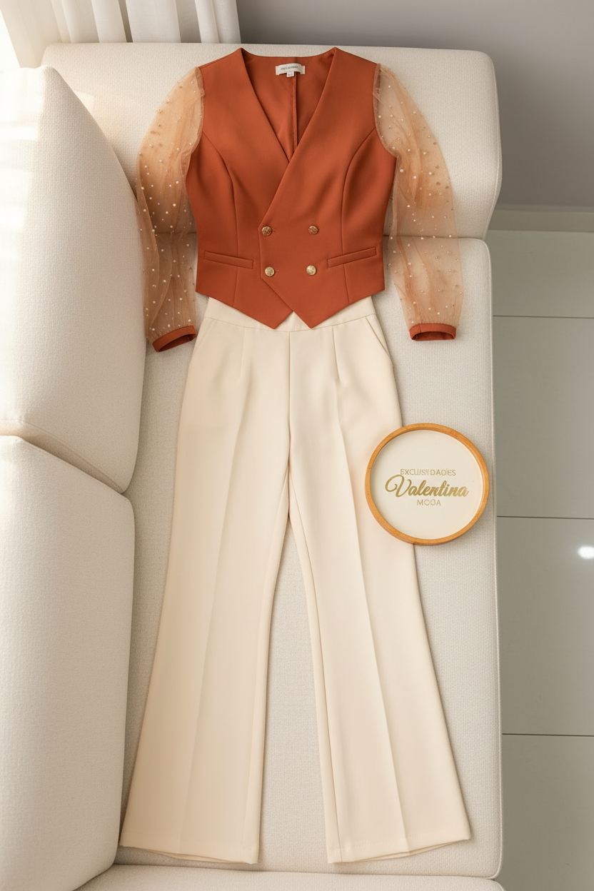 Conjunto Terracota Chaleco Doble Botonadura con Mangas Tul de Perlas y Pantalón Crema cod.661