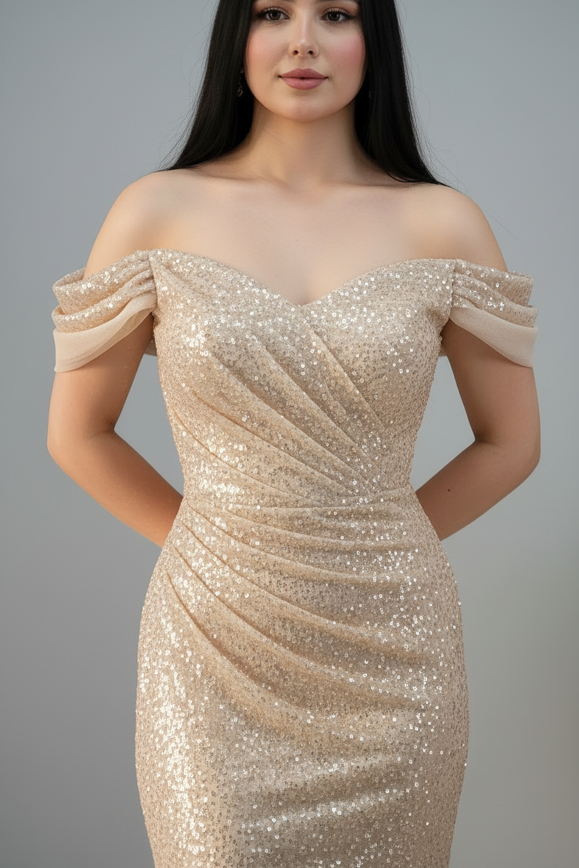 Vestido Golden Sequin – Gown Dorado Lentejuelas Off-Shoulder cod.678