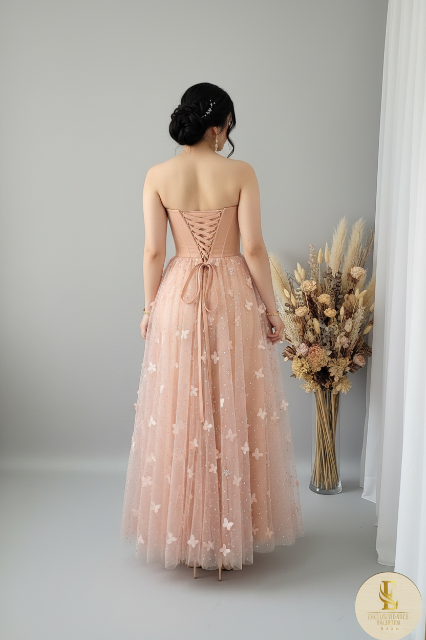 Vestido Melocotón Corset Tul Mariposas D cod.V392