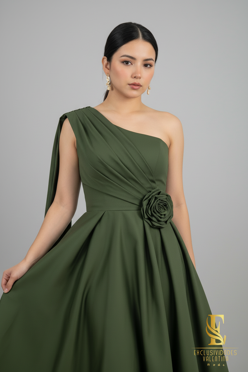 Vestido Verde Olivo Un Hombro Rosa cod.V328