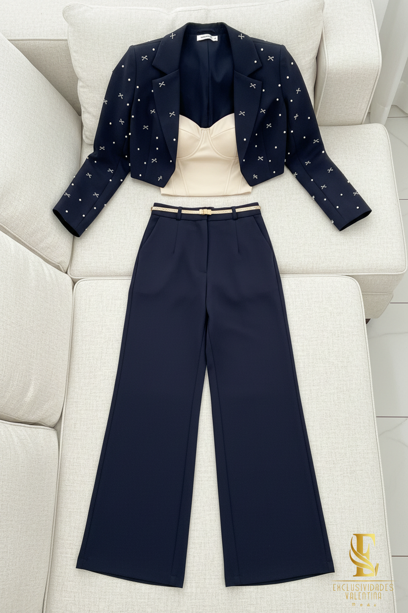 Conjunto Navy Pearl Blazer Cropped & Palazzo cod.C229
